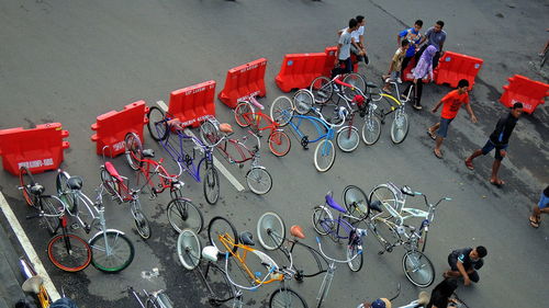 High angle view of bicycles parked on street