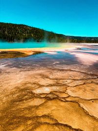 Scenic view of lake against clear blue sky