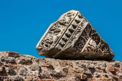 Low angle view of rock formation against clear blue sky