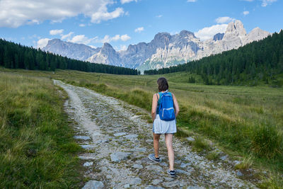 Rear view of man walking on mountain road