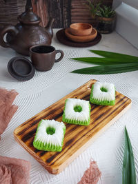 High angle view of dessert on table