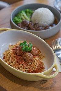 High angle view of noodles in bowl on table