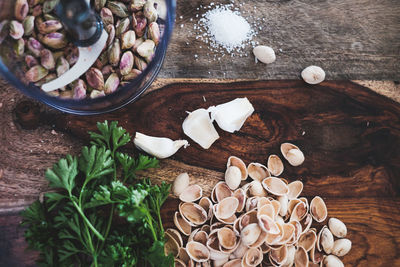 High angle view of pistachio nuts