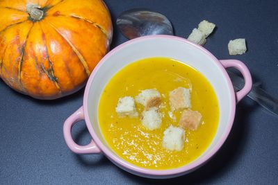High angle view of pumpkins in bowl on table