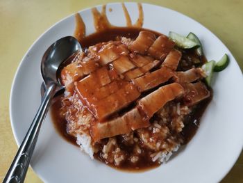 High angle view of breakfast served in plate