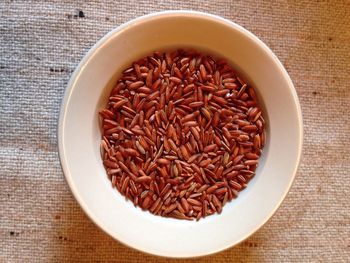 Directly above shot of food in bowl on burlap