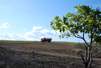 Tractor on road amidst field against sky