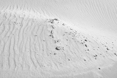 High angle view of footprints on sand at beach