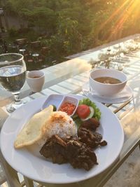 High angle view of breakfast served on table