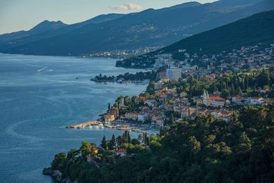 High angle view of city by sea