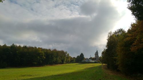 Trees on grassy field against cloudy sky