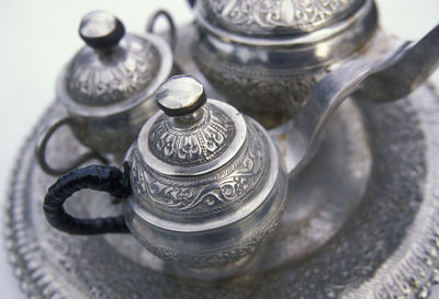 Close-up of antique tea set
