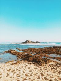 Scenic view of beach against clear blue sky