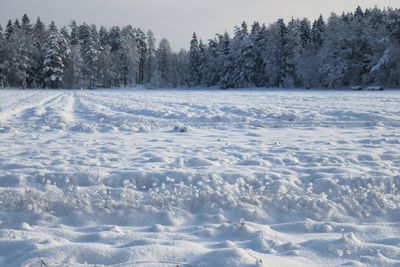 Frozen landscape against sky