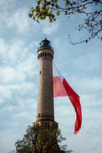 Low angle view of flag on building against sky