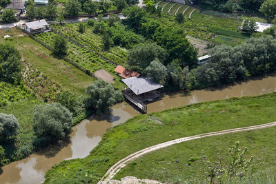 High angle view of buildings in town