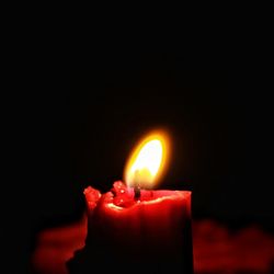 Close-up of lit candle in dark room