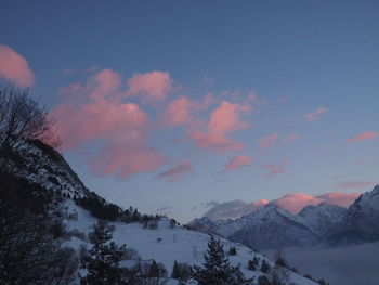 Scenic view of mountains against sky during winter