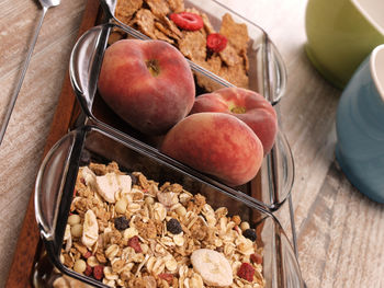 High angle view of fruits in bowl on table