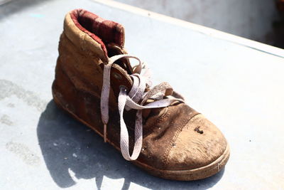 Close-up of abandoned shoes on table