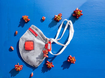 Close-up of red flowers on blue table