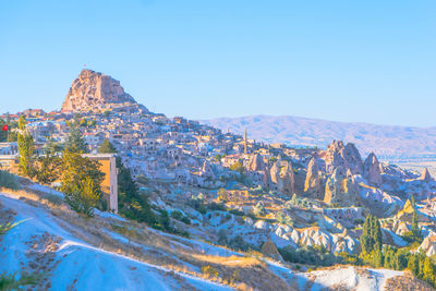 Scenic view of mountain against clear blue sky