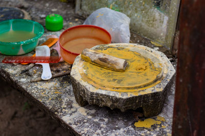 High angle view of paintbrushes in container