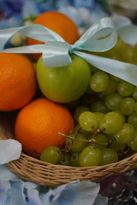 Close-up of oranges in basket on table