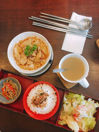 High angle view of meal served on table