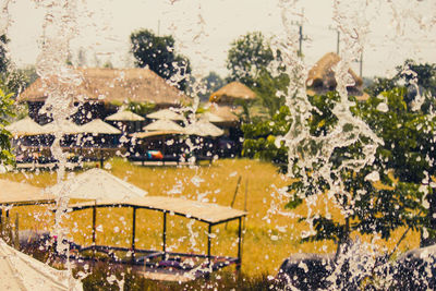 Buildings in city during rainy season