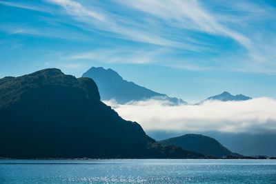 Scenic view of sea and mountains against sky