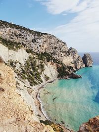 Scenic view of sea and rock formations against sky