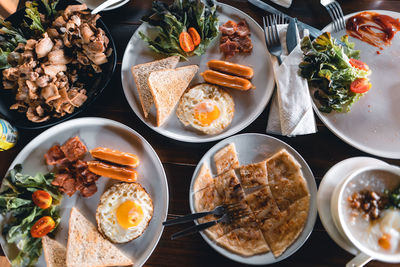 High angle view of meal served on table