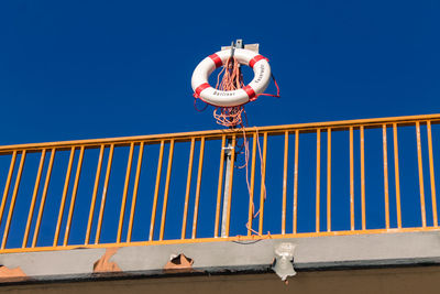 Low angle view of railings against clear blue sky