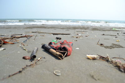 Surface level of sand and garbage at beach against sky