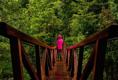 Woman standing on footbridge against trees