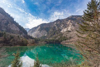 Scenic view of lake and mountains against sky