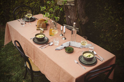 High angle view of food on table in yard