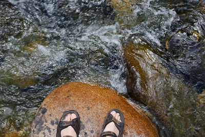 Low section of person standing on rock by water
