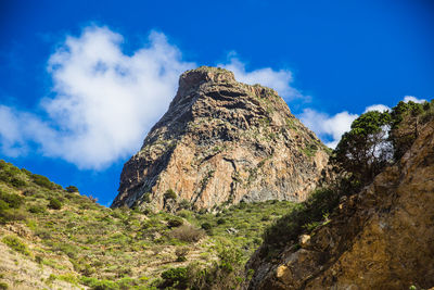 Low angle view of rocks on mountain against sky