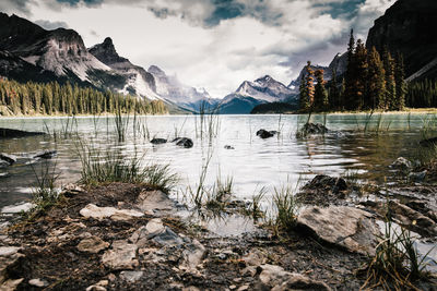 Scenic view of lake by mountains against sky