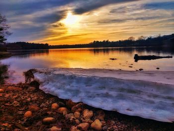 Scenic view of lake against sky during sunset