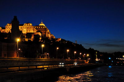 River by illuminated hungarian parliament building against sky at dusk