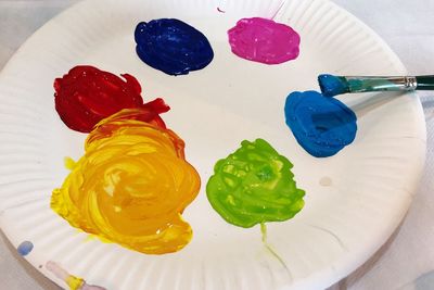 High angle view of multi colored candies in plate