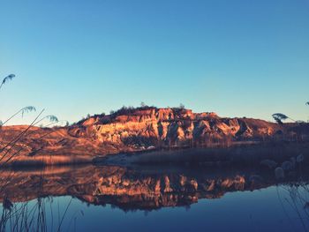 Reflection of mountains in lake against clear blue sky