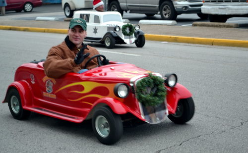 High angle view of man driving car