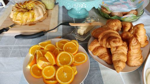 High angle view of orange fruits on table