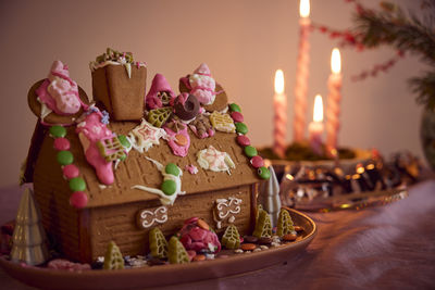 Gingerbread house and christmas decorations