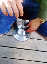 High angle view of man working on table