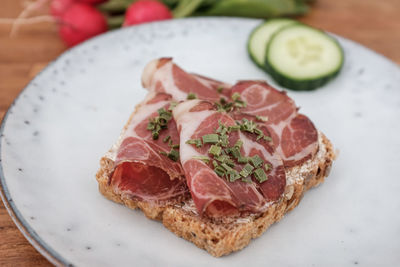 High angle view of breakfast served on table